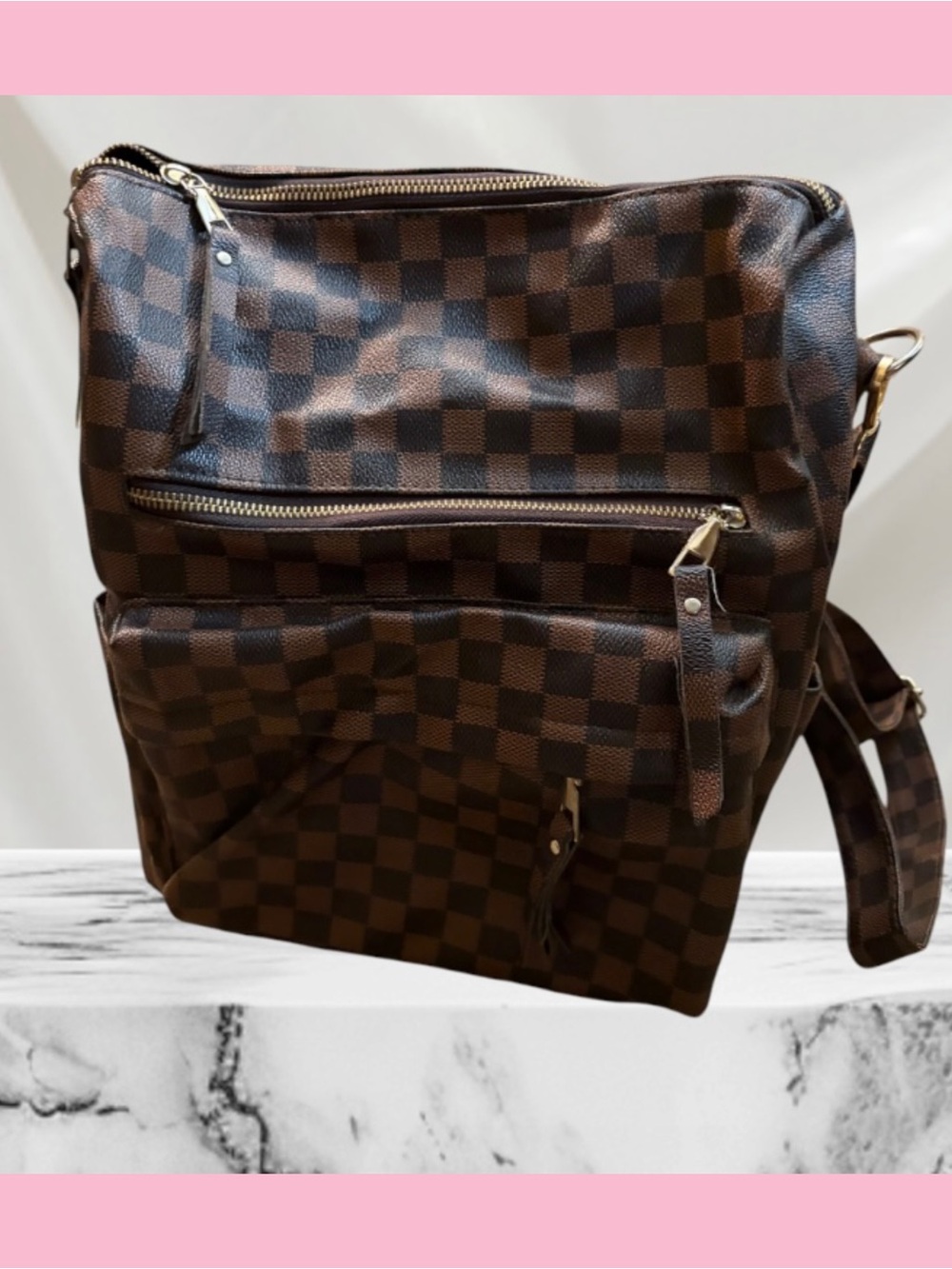 Men's Brown Checkered Leather-Style Backpack - Casual Everyday